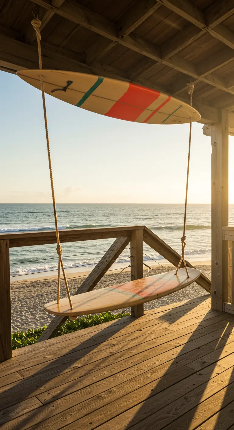 Schommel gemaakt van twee surfplanken, hangend op een veranda met uitzicht op zee.