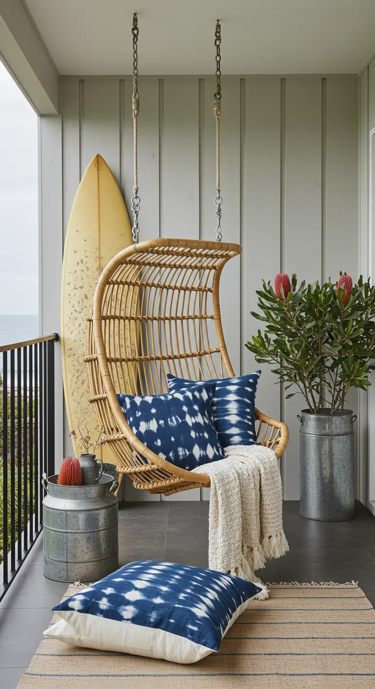 Bamboe hangstoel met indigo tie-dye kussens en een surfplank op een balkon met uitzicht.