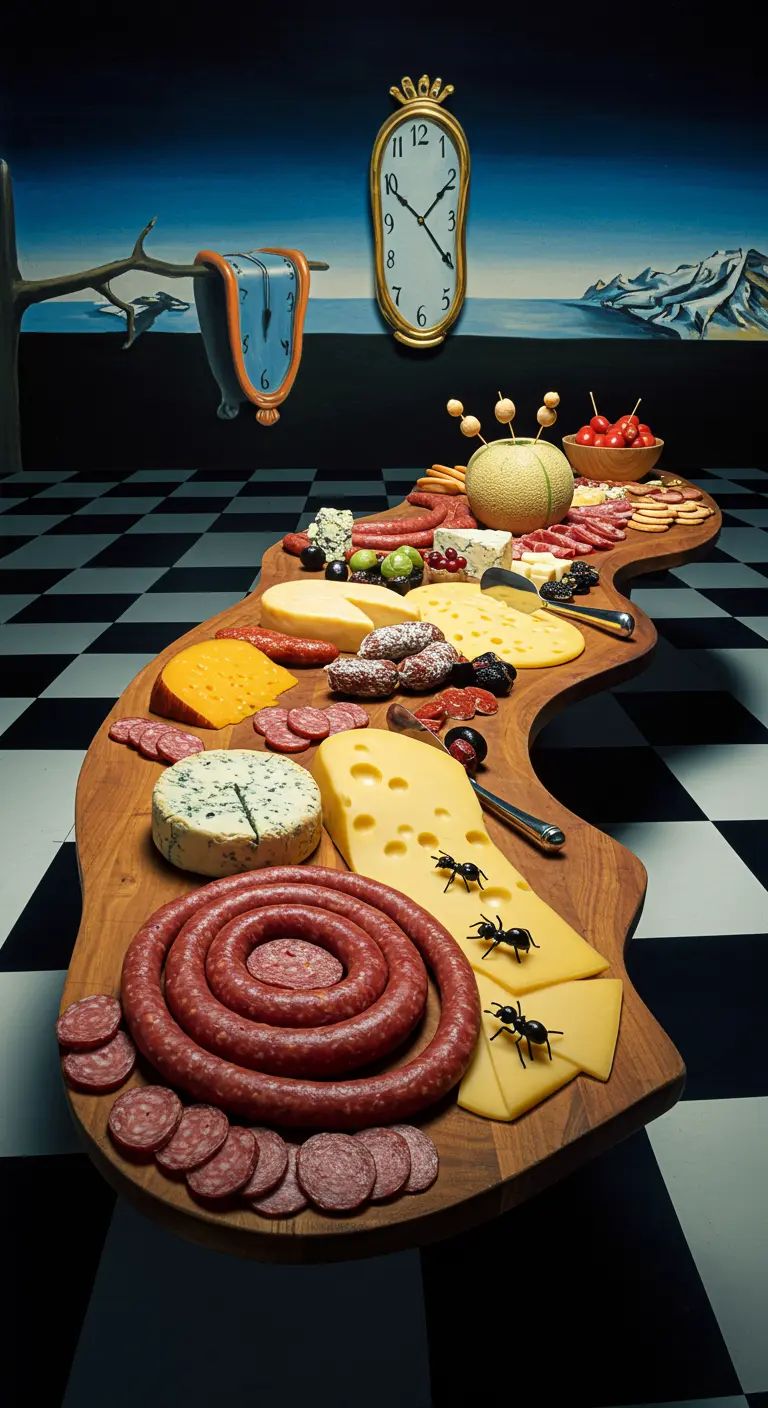 Surrealistische kaasplank op een geblokte vloer met smeltende klokken.