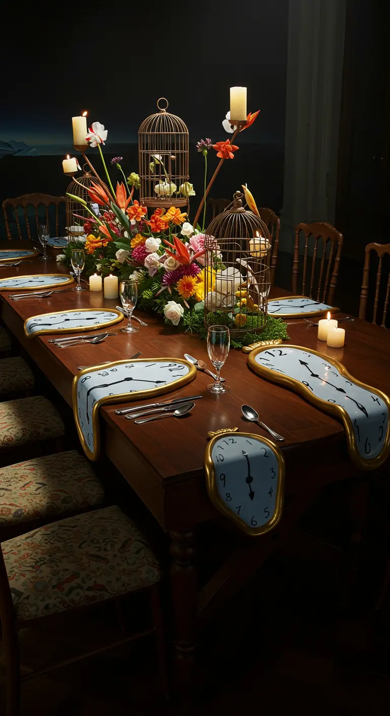 Lange dinertafel gedecoreerd met smeltende klokken en vogelkooien in surrealistische stijl.