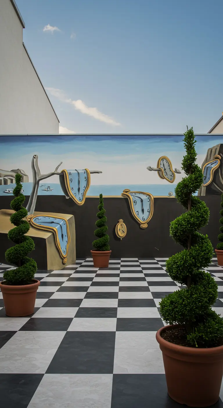 Tuin met een surrealistische muurschildering geïnspireerd op Dalí's smeltende klokken