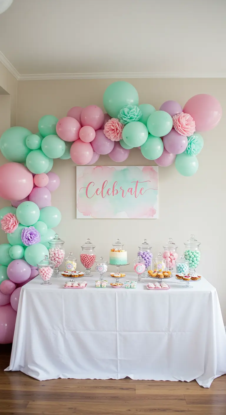 Snoeptafel met een grote ballonnenboog in pastelkleuren.