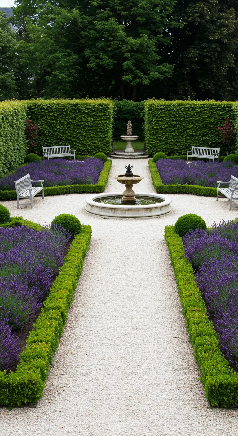 Formele tuin met symmetrische lavendelbedden, buxushagen en een fontein.