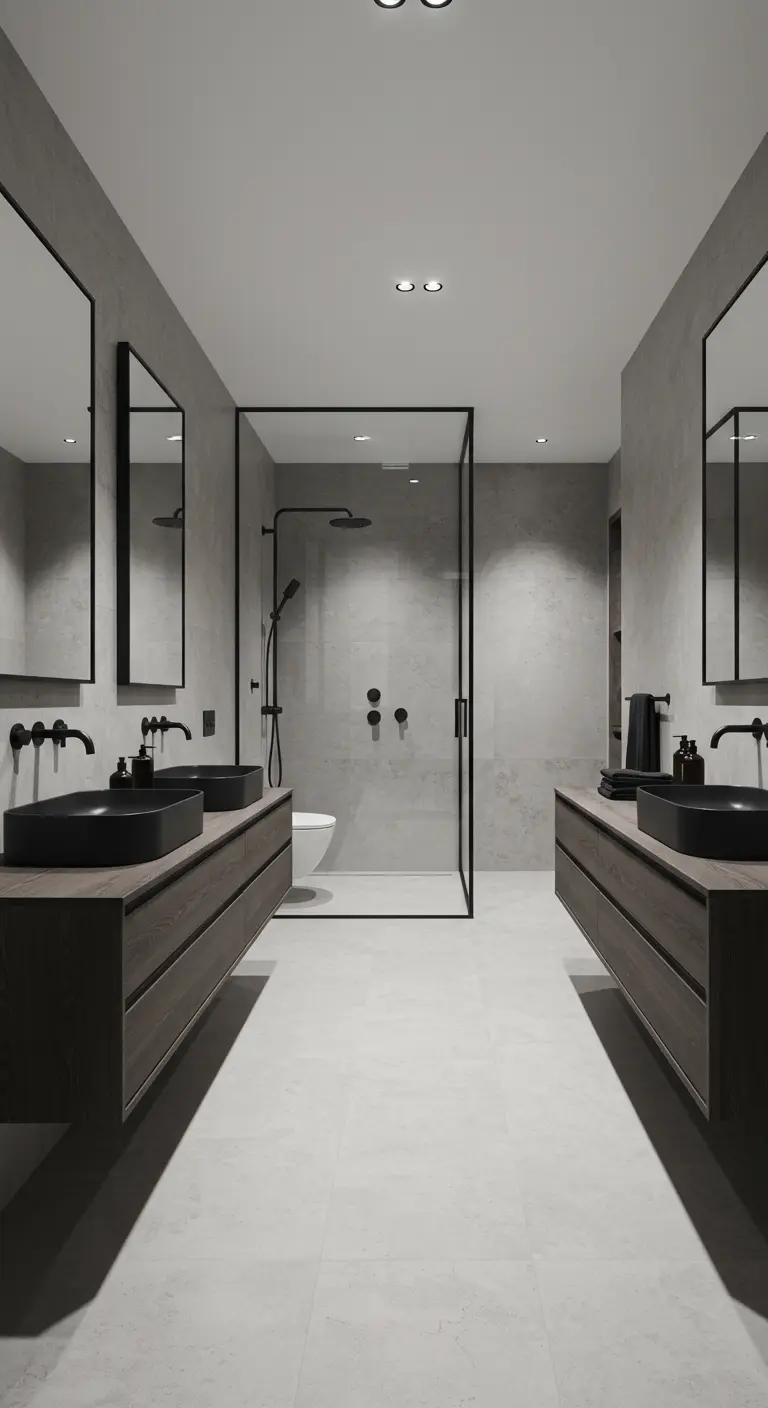 Symmetrische badkamer met centrale douche en twee wastafelmeubels.