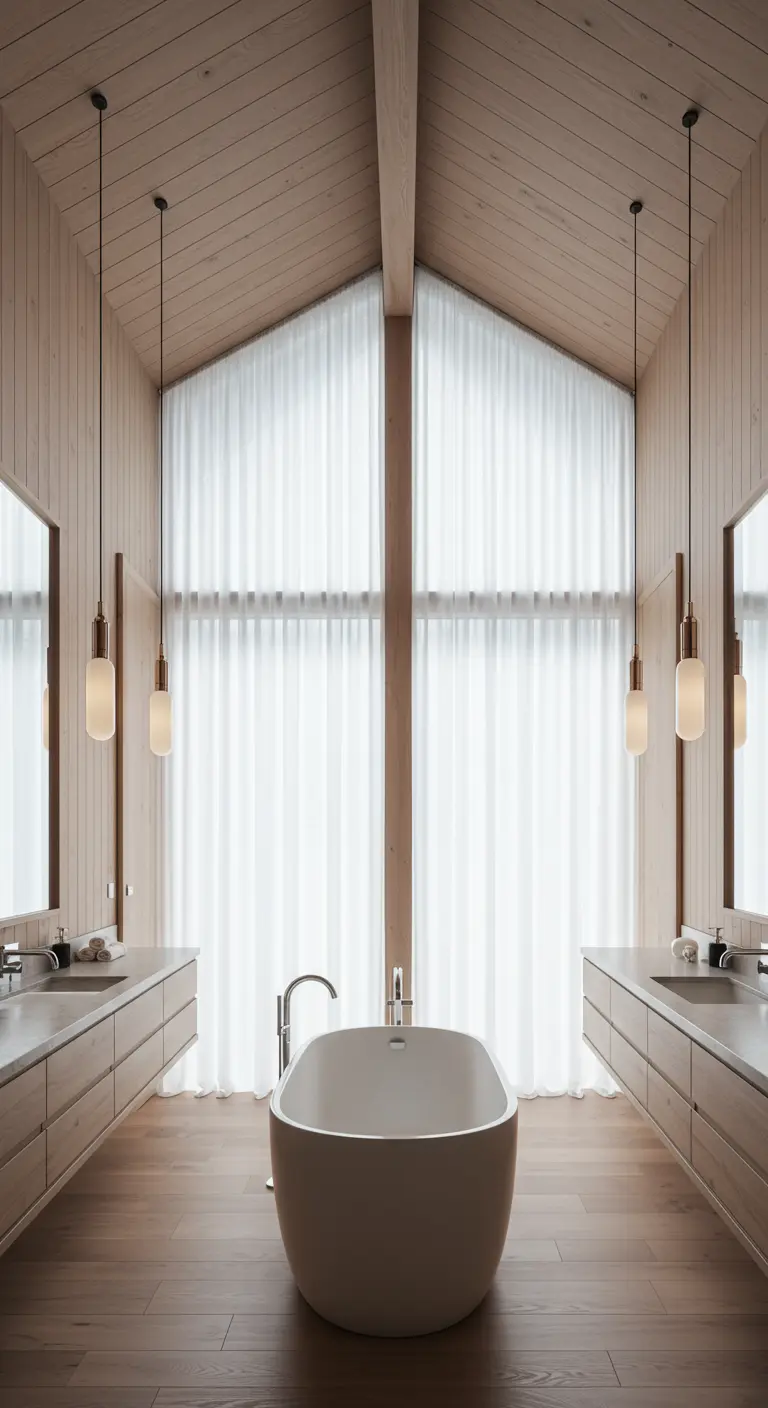 Symmetrische badkamer met hoog plafond, twee wastafels en een vrijstaand bad.
