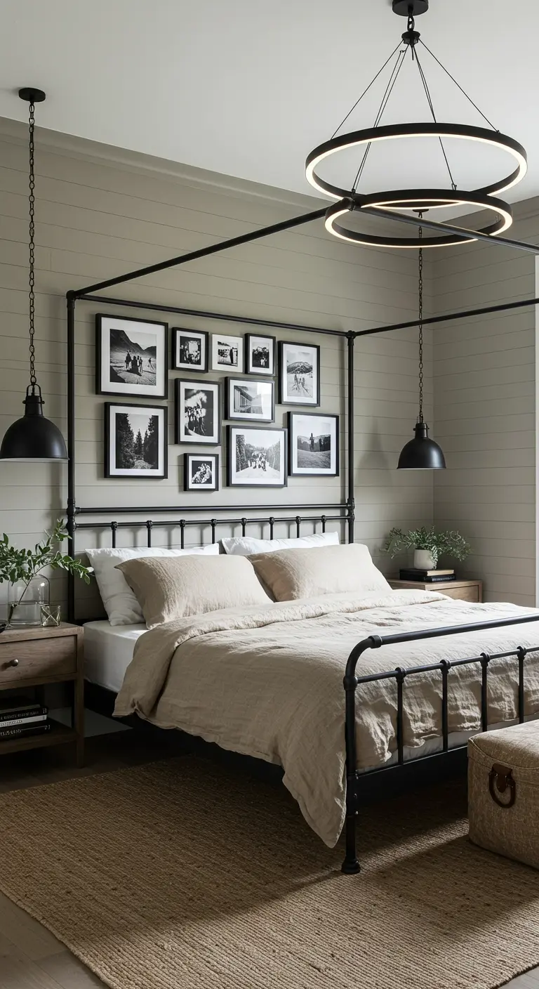 Slaapkamer met een zwart metalen hemelbed, een fotowand en verschillende soorten asymmetrische verlichting.