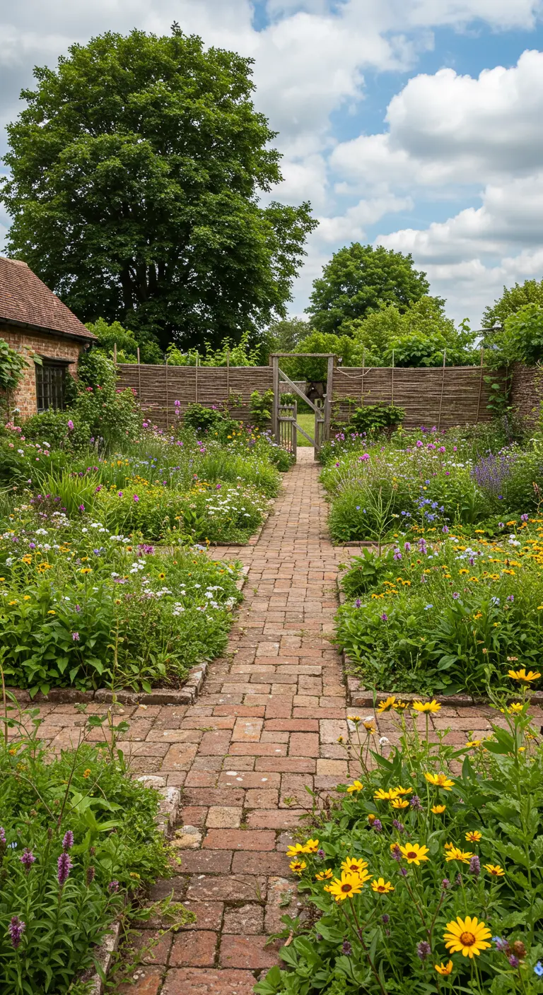 Symmetrisch bakstenen pad in een Engelse cottage-tuin, geflankeerd door uitbundige bloemenborders.
