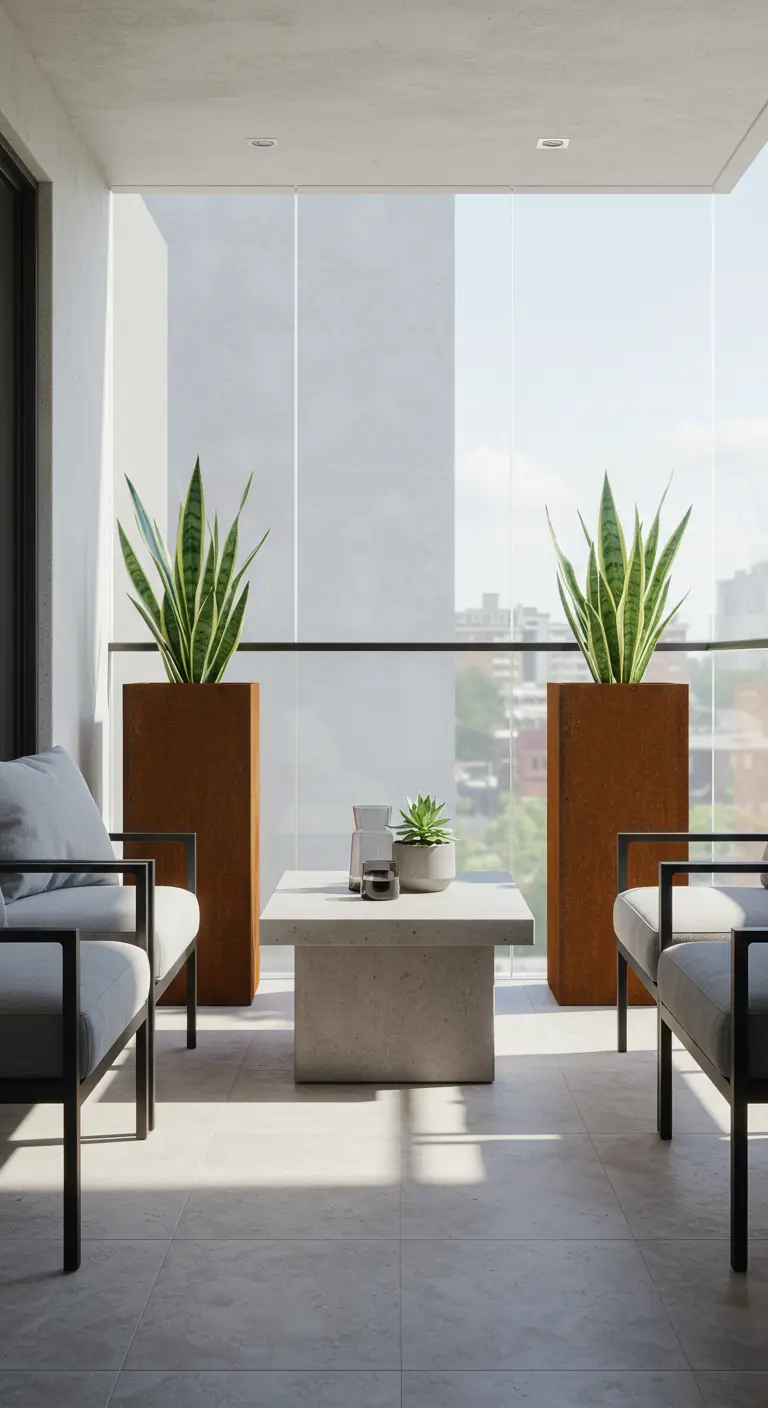 Symmetrisch balkon met twee fauteuils, een betonnen tafel en hoge plantenbakken.
