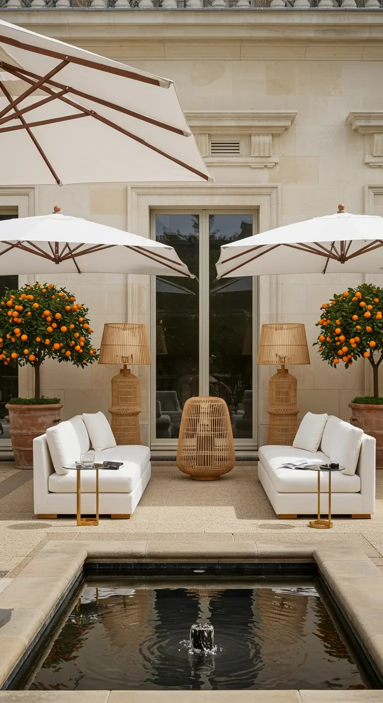 Symmetrisch terras met twee witte banken, parasols en een centrale fontein.
