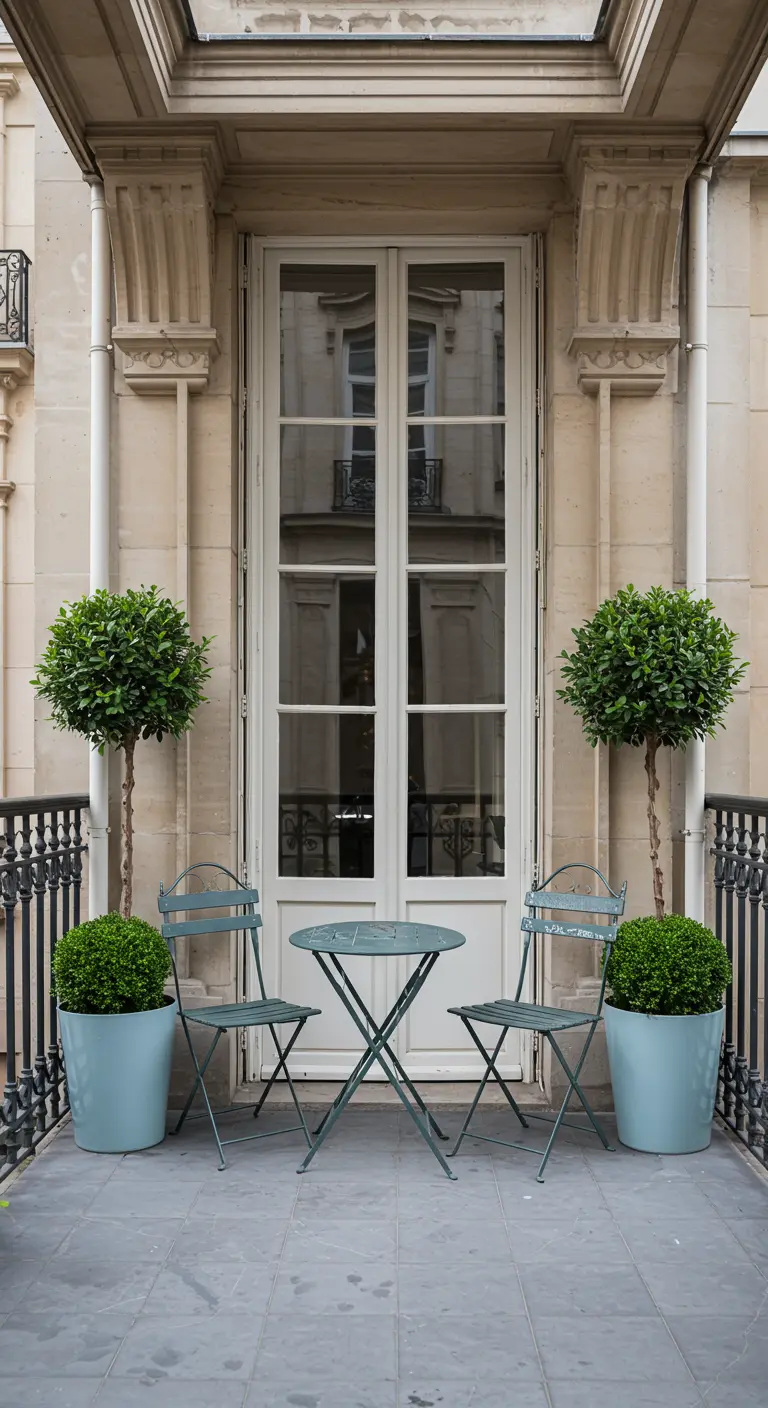 Symmetrisch balkon met een saliegroene bistrosset en twee identieke boompjes in potten.