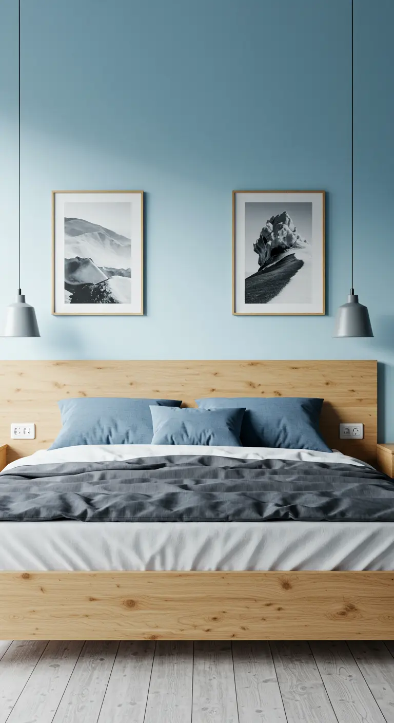 Slaapkamer met blauwe muur en een symmetrische opstelling met twee hanglampen en prints.