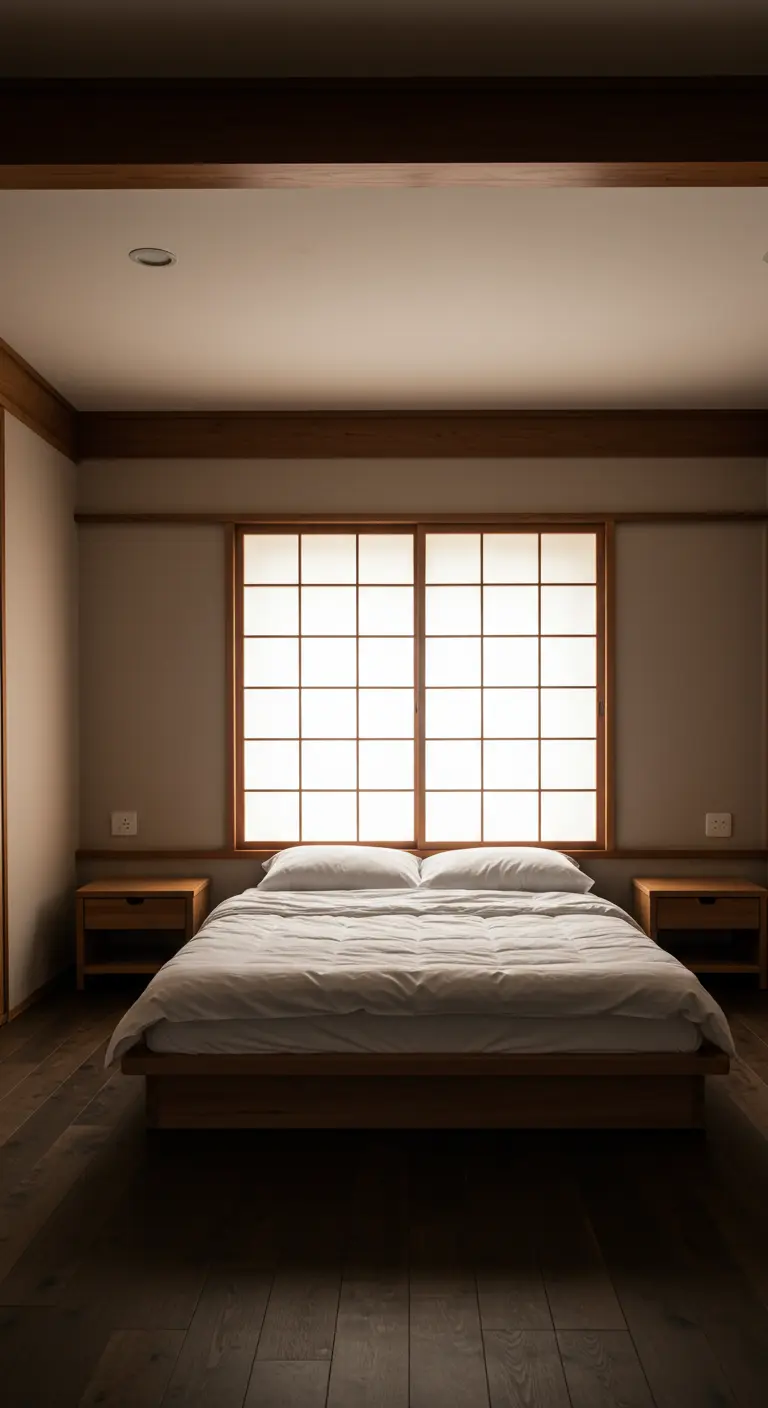 Symmetrische slaapkamer met een centraal bed voor een shoji-raam en twee identieke houten nachtkastjes.