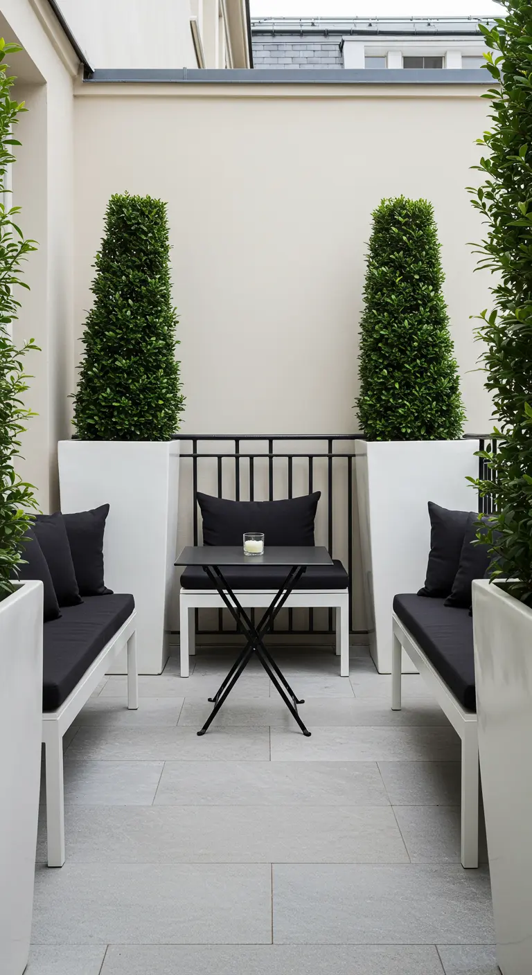 Symmetrisch balkon met twee witte bankjes met zwarte kussens en een klein zwart tafeltje in het midden.