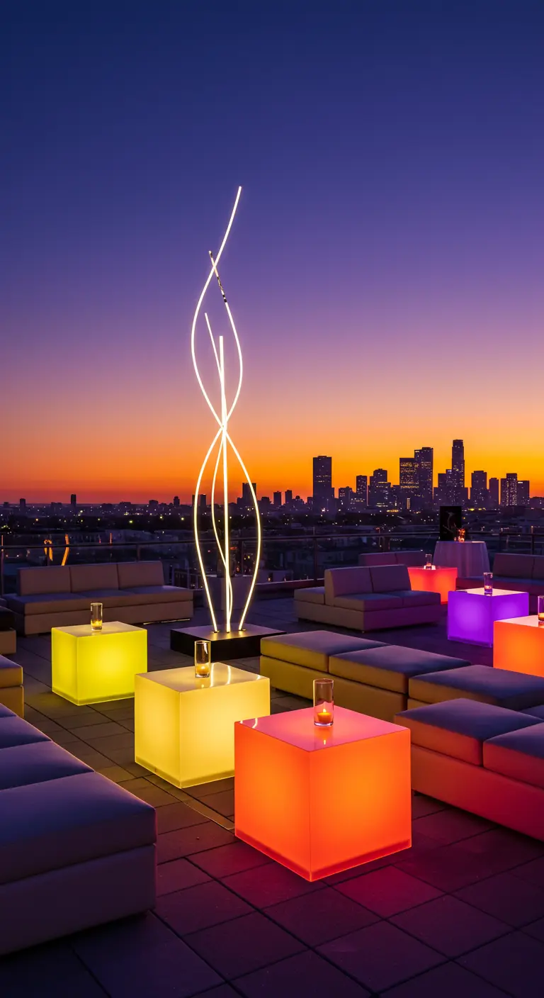 Dakterras bij zonsondergang met gekleurde lichtgevende kubussen en loungesets.