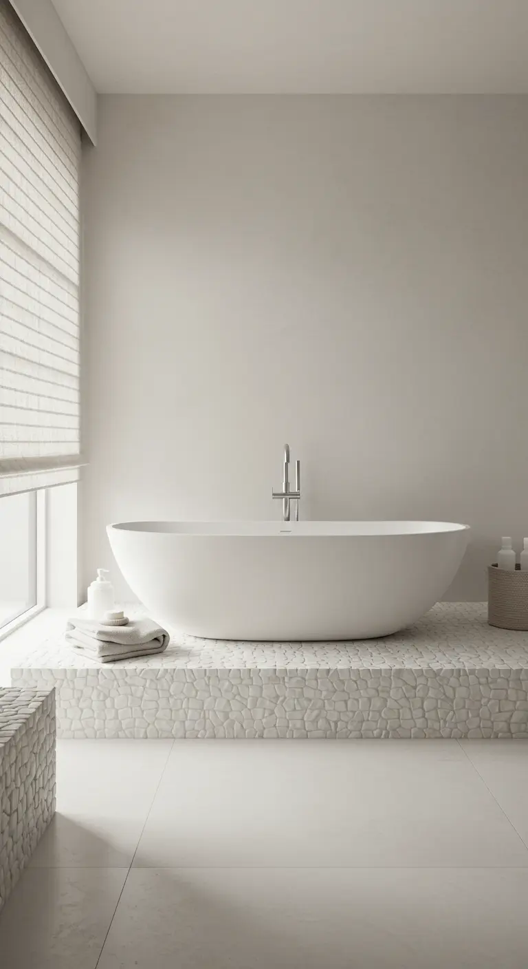 Wit bad op een podium bekleed met witte kiezelstenen in een serene, witte badkamer.