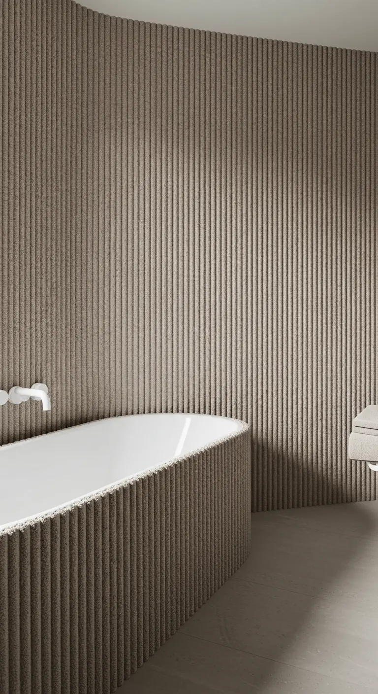 Minimalistische badkamer met een geribbelde wand en badombouw in een vergrijsd roze tint.