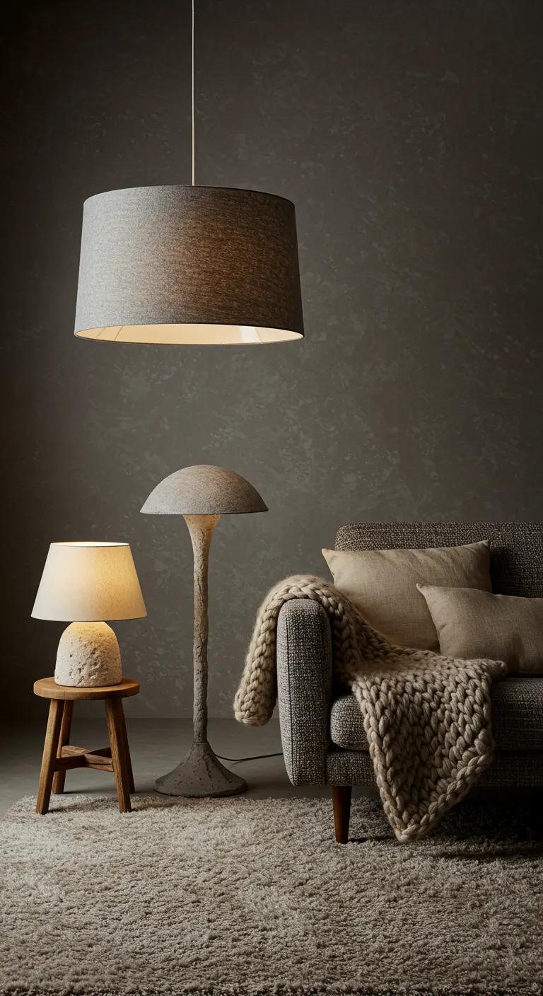 Woonkamer met lampen van steen en beton en een stoffen hanglamp.