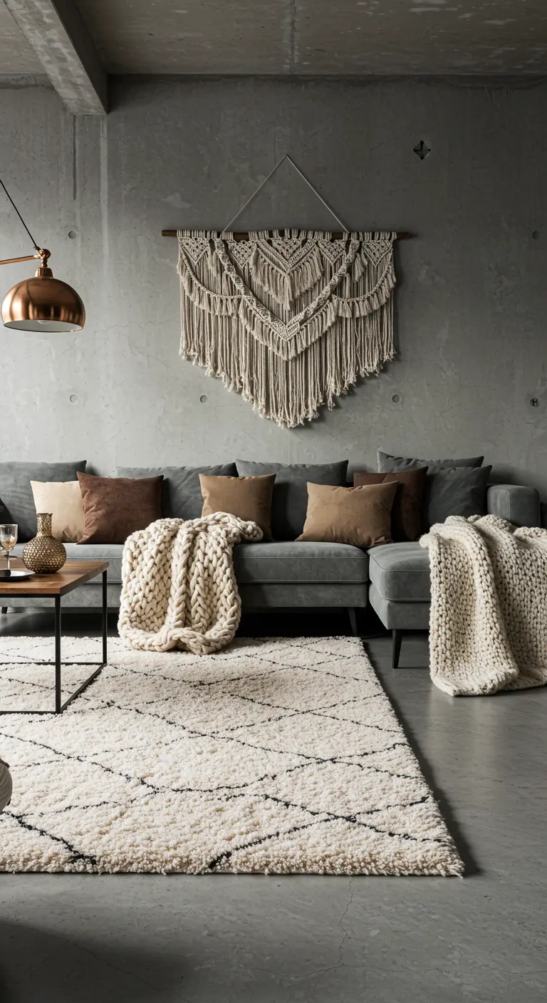 Industriële woonkamer met betonnen muur, grijze bank, een groot macramé wandkleed en grof gebreide plaids.