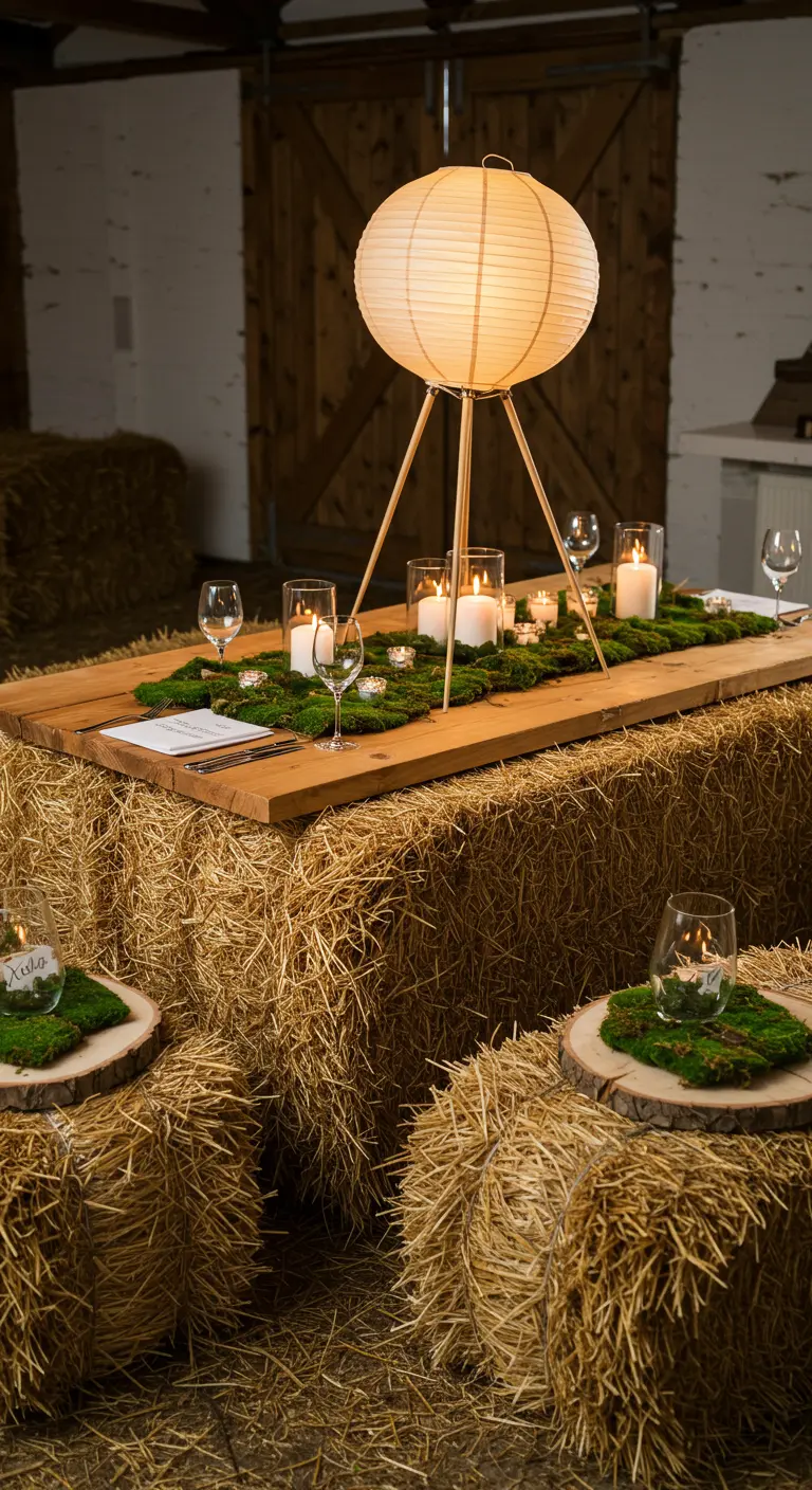 Tafel van hooibalen met een tafelloper van mos en kaarsen.