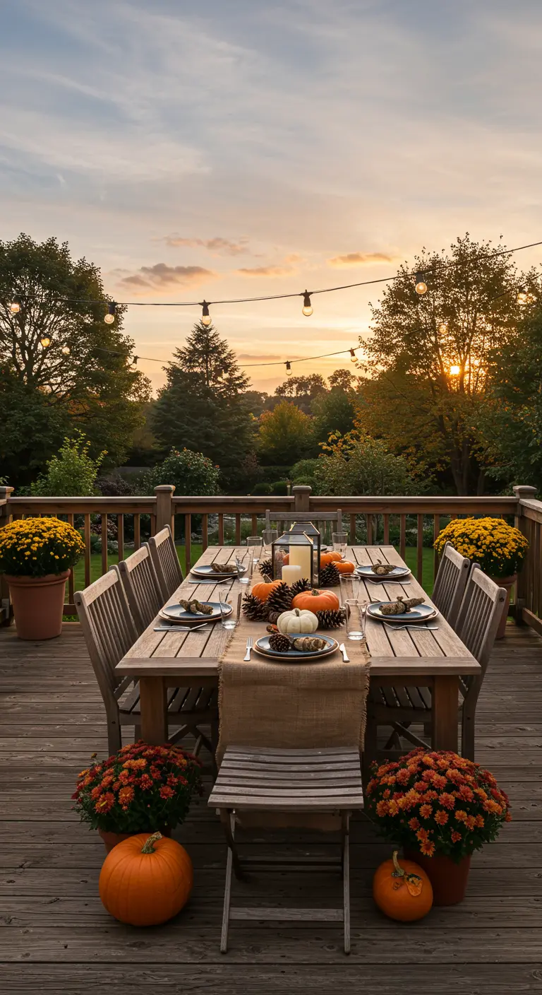 Gedekte eettafel op een houten terras bij zonsondergang, met pompoenen als middelpunt.