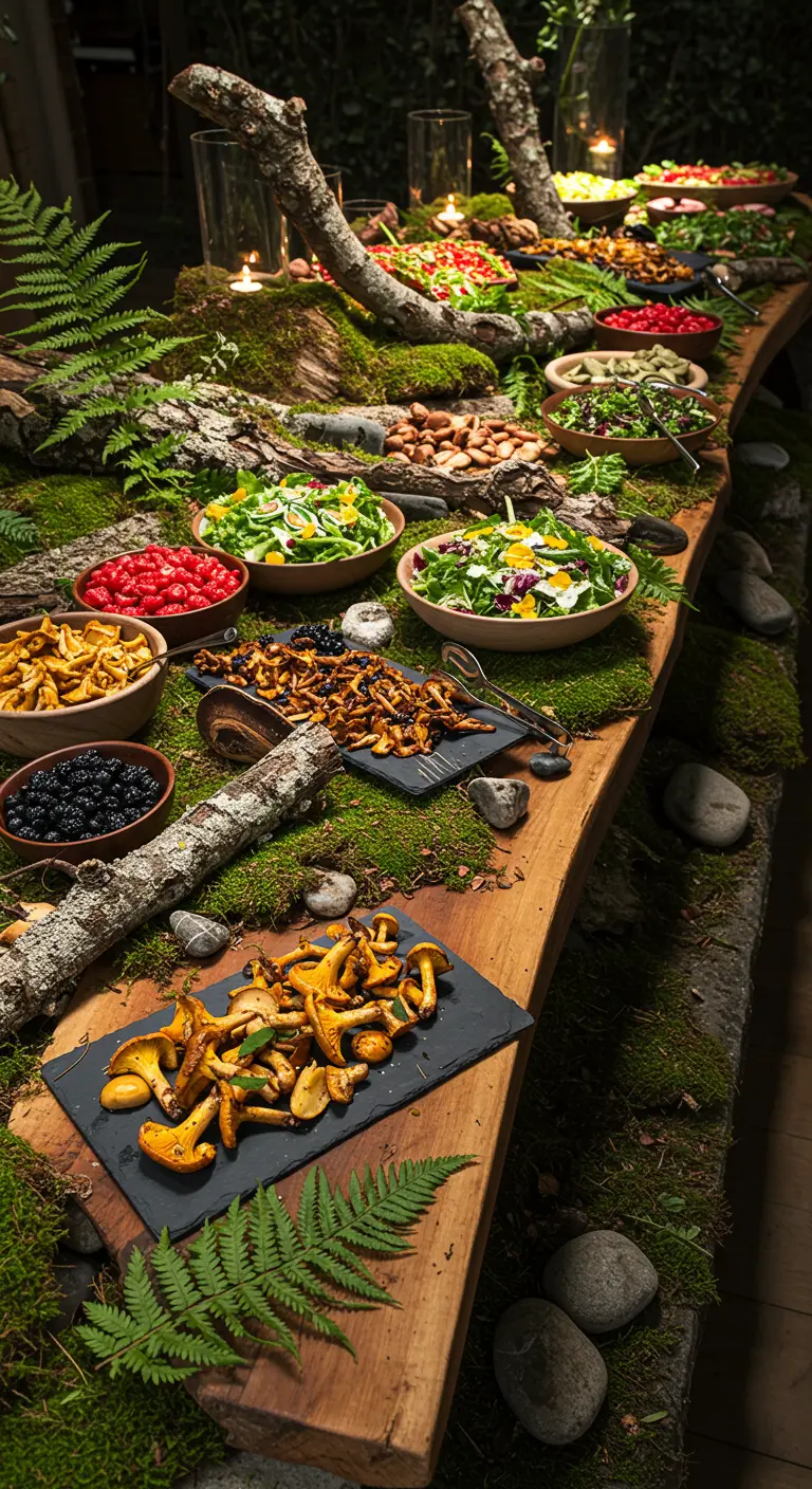 Buffet op een houten plank gedecoreerd met mos, boomstronken en varens.