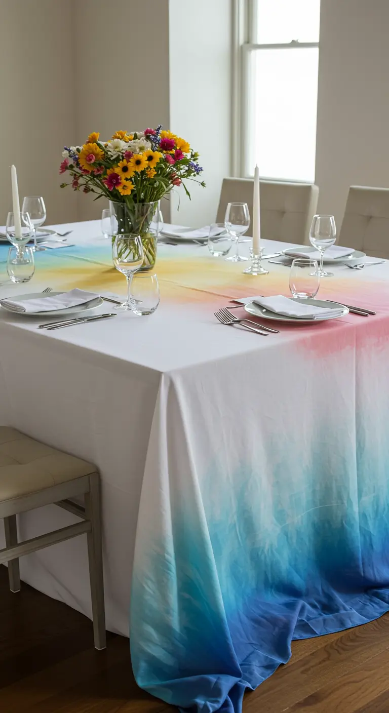 Witte eettafel met een tafelkleed met een regenboogkleurig tie-dye effect aan de randen.