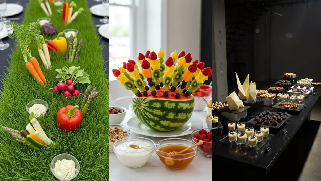 Drie tafels vol stijlvol eetbaar decor: groenten, fruitspiesjes en desserts, smaakvol gepresenteerd.