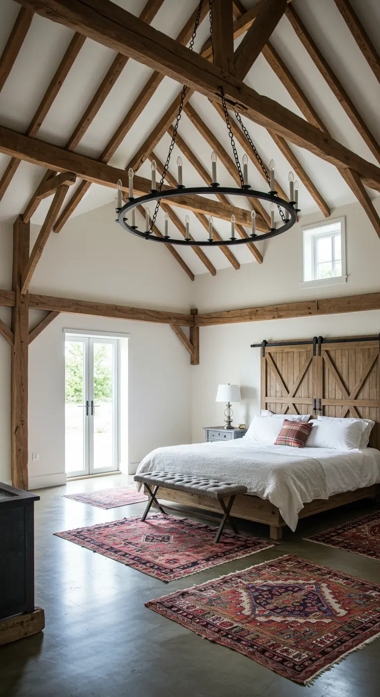 Ruime slaapkamer met hoge houten balken, een moderne kroonluchter en meerdere kleine vintage tapijten.