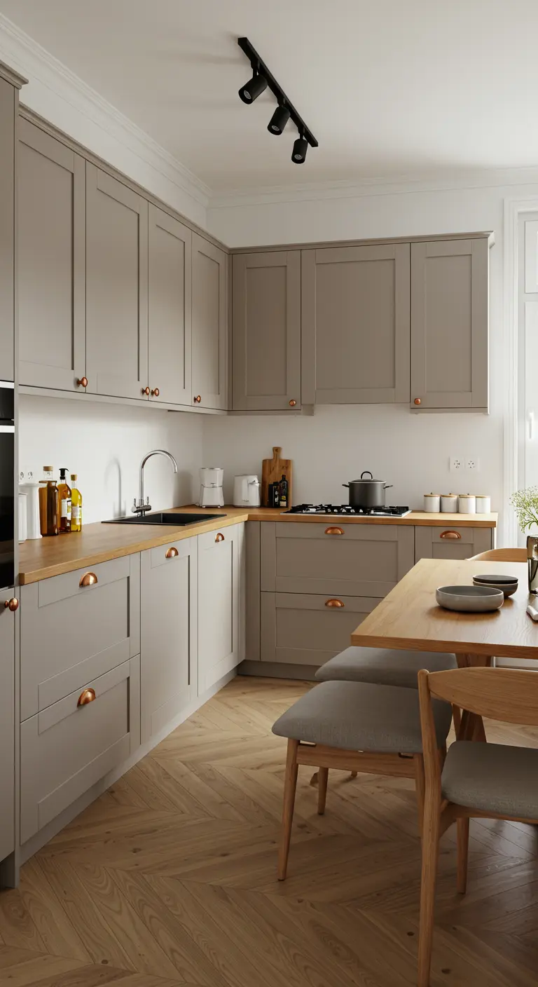 Keuken met taupekleurige kasten, koperen handgrepen en een aangrenzende eethoek van hout.