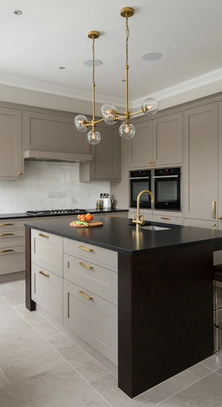 Matte taupe kasten met zwart mat eilandblad en gouden glanzende accenten.