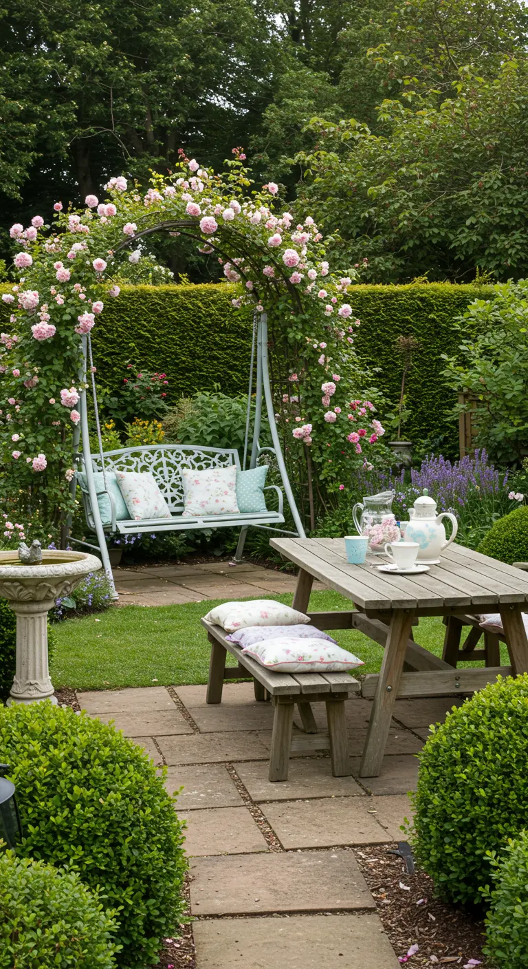 Engelse cottage tuin met metalen schommel onder rozenboog, houten tafel en theeservies.