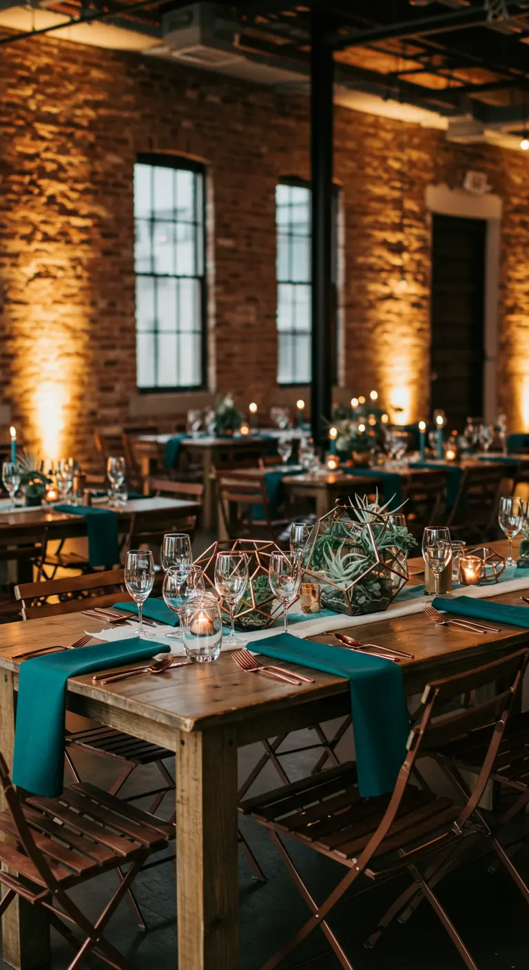 Industriële tafelsetting met houten tafel, teal-kleurige loper, koperen bestek en geometrische decoratie.