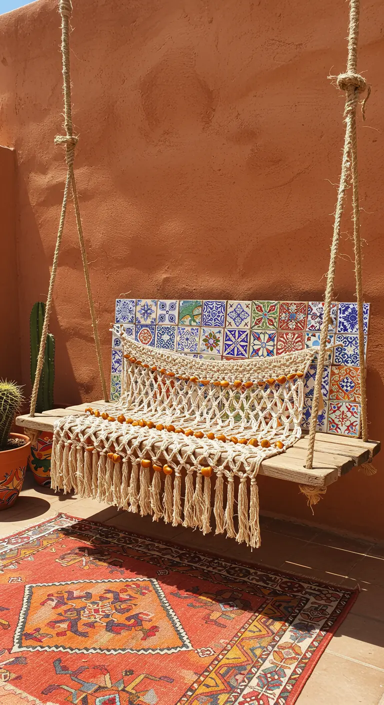 Houten schommel met macramé kleedje voor een wand met kleurrijke tegels.