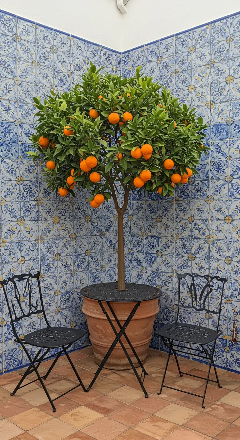 Patio met blauw-gele tegels, een zwarte bistroset en een sinaasappelboom.