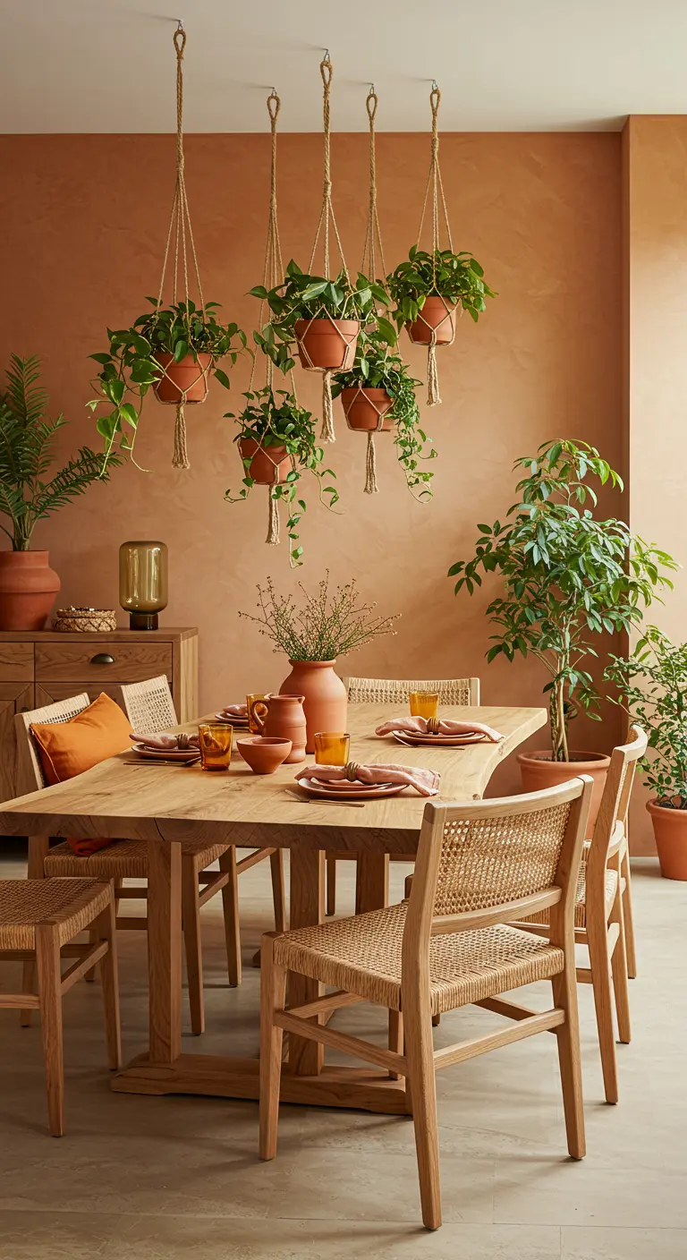 Eetkamer met terracotta muren, houten meubels en hangplanten in terracotta potten.