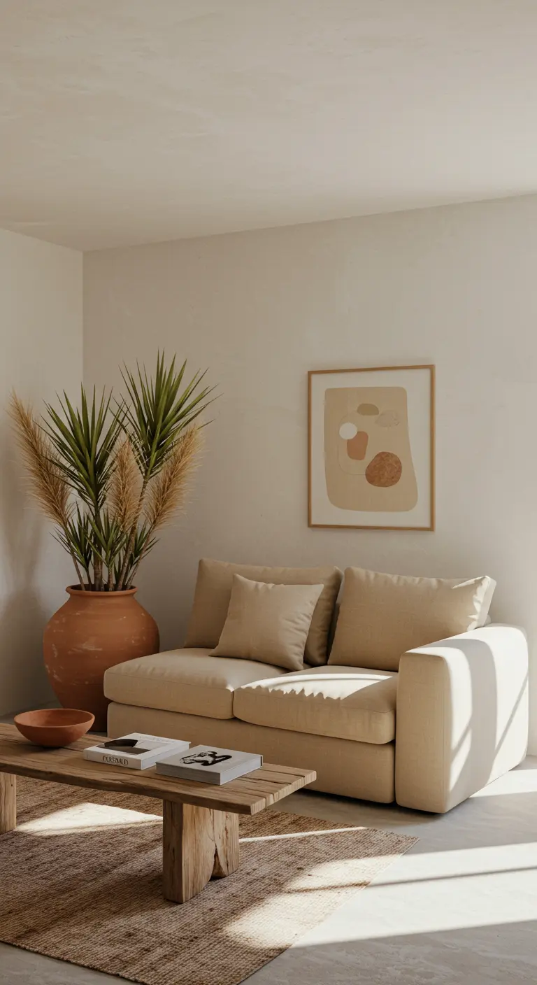 Hoek van een woonkamer met een beige bank, een grote terracotta pot met planten en een abstract schilderij.