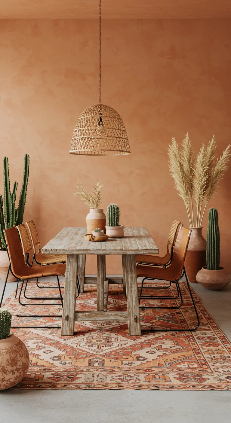 Eetkamer met terracotta muren, een verweerde houten tafel, cactussen en pampasgras.