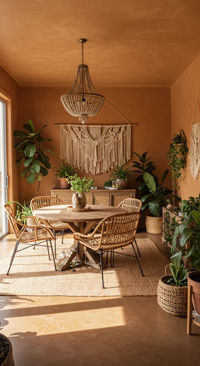 Bohemian eethoek met terracotta muren, rotan stoelen, veel planten en macramé wanddecoratie.