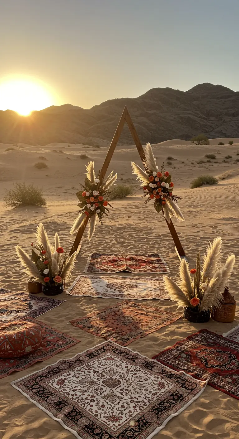 Bohemian ceremonie in de woestijn met een driehoekige boog, pampasgras en gelaagde tapijten.