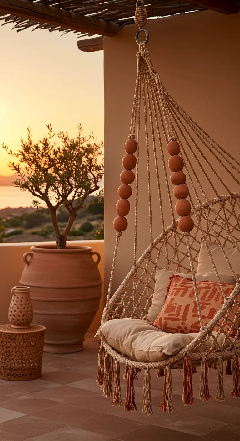 Macramé hangstoel met terracotta kralen op een terras met uitzicht op zee bij zonsondergang.
