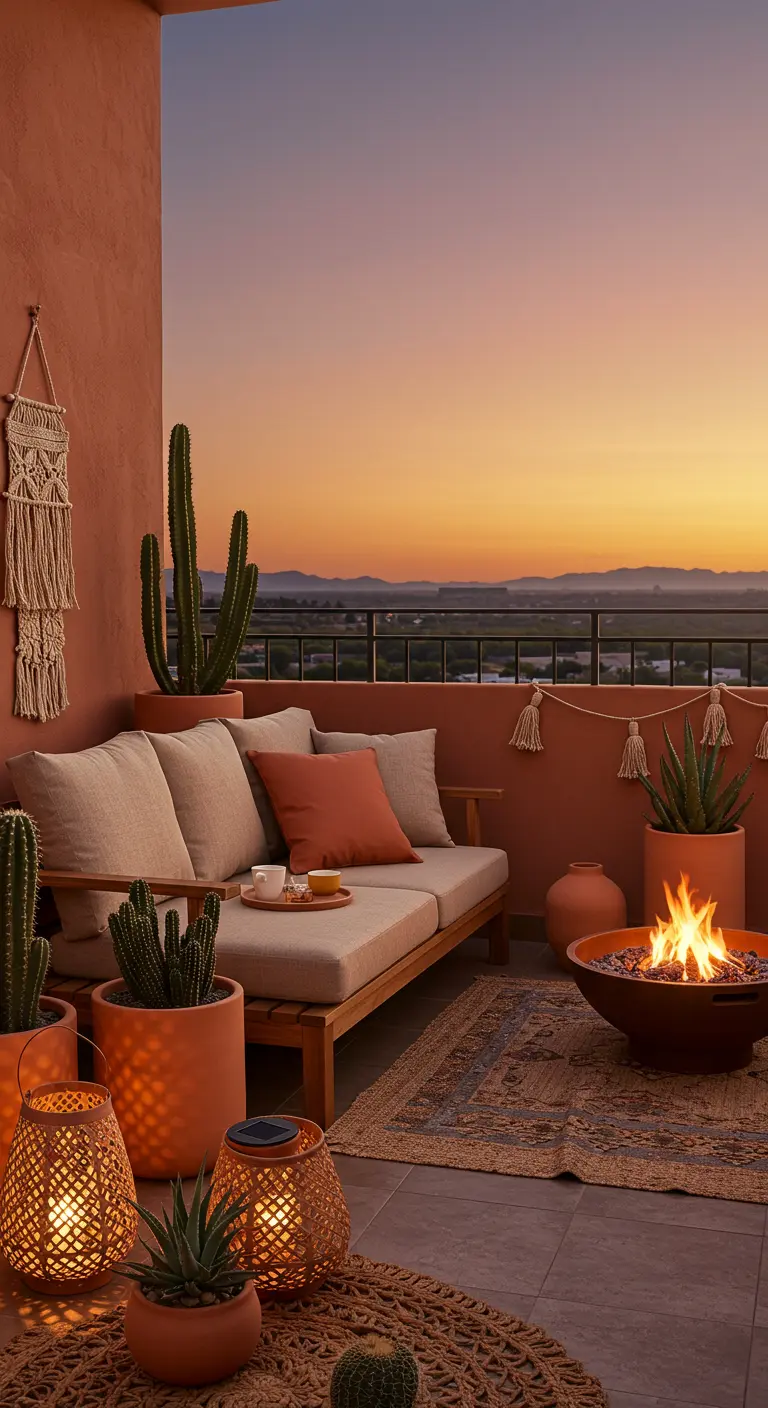 Balkon in woestijnstijl met terracotta muren, cactussen en een vuurschaal bij zonsondergang.