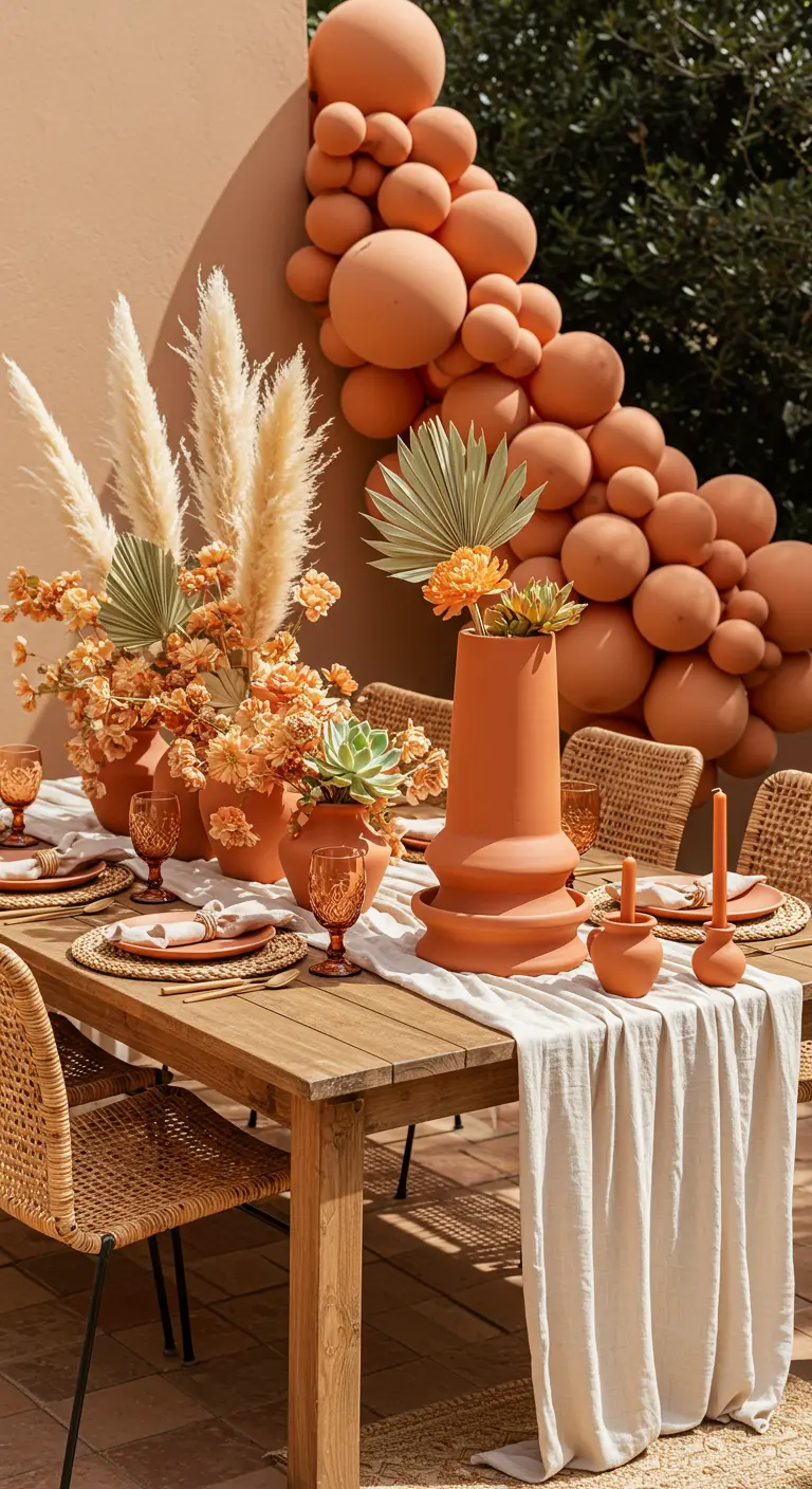 Buitentafel met terracotta-kleurige ballonnenboog, pampasgras en keramiek.