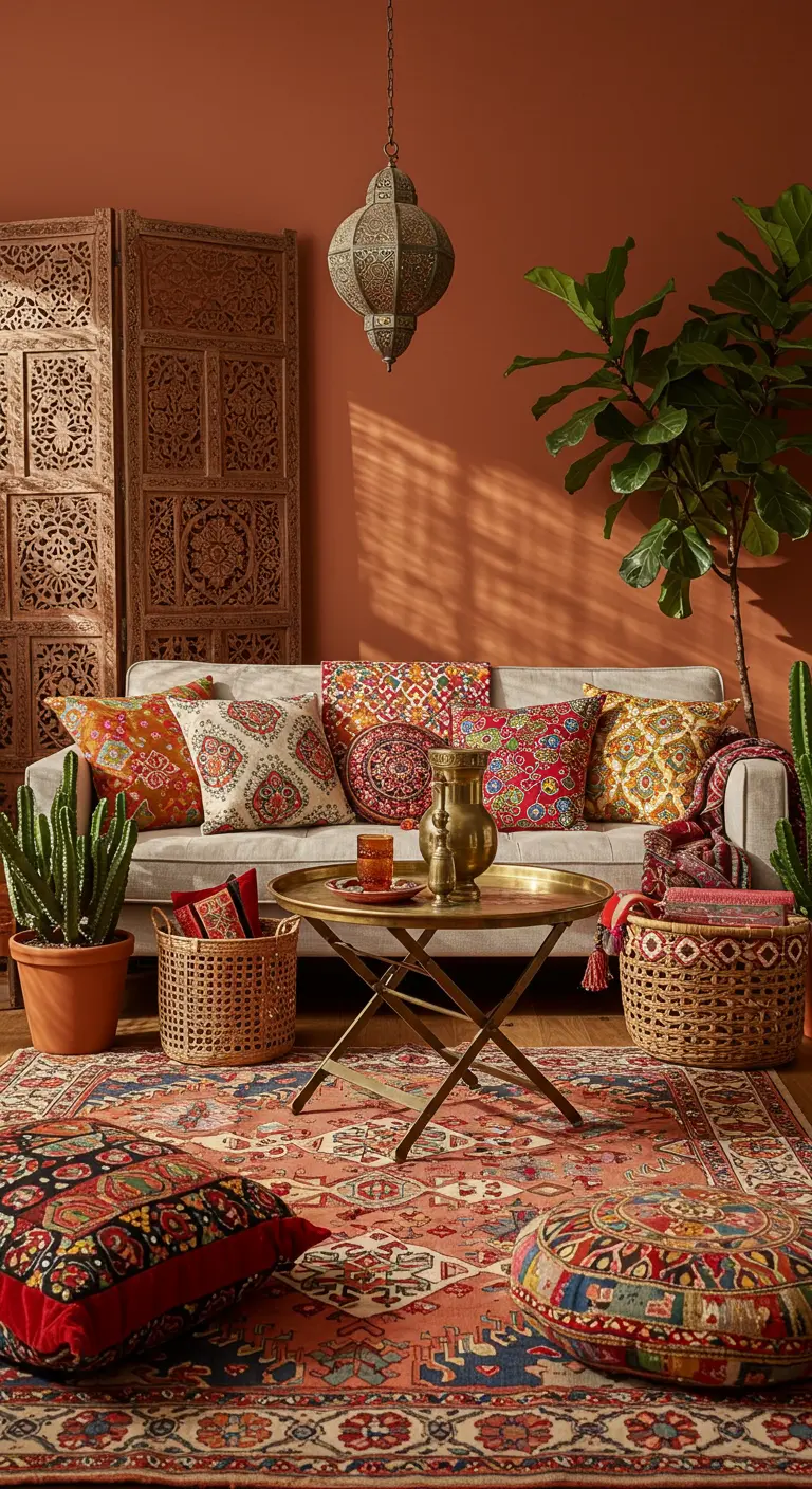 Bohemian woonkamer met terracotta muren, veel kussens met patronen en een Perzisch tapijt.