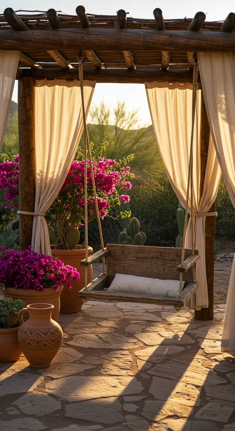 Houten schommel onder een pergola met crèmekleurige gordijnen en potten met bougainvillea.