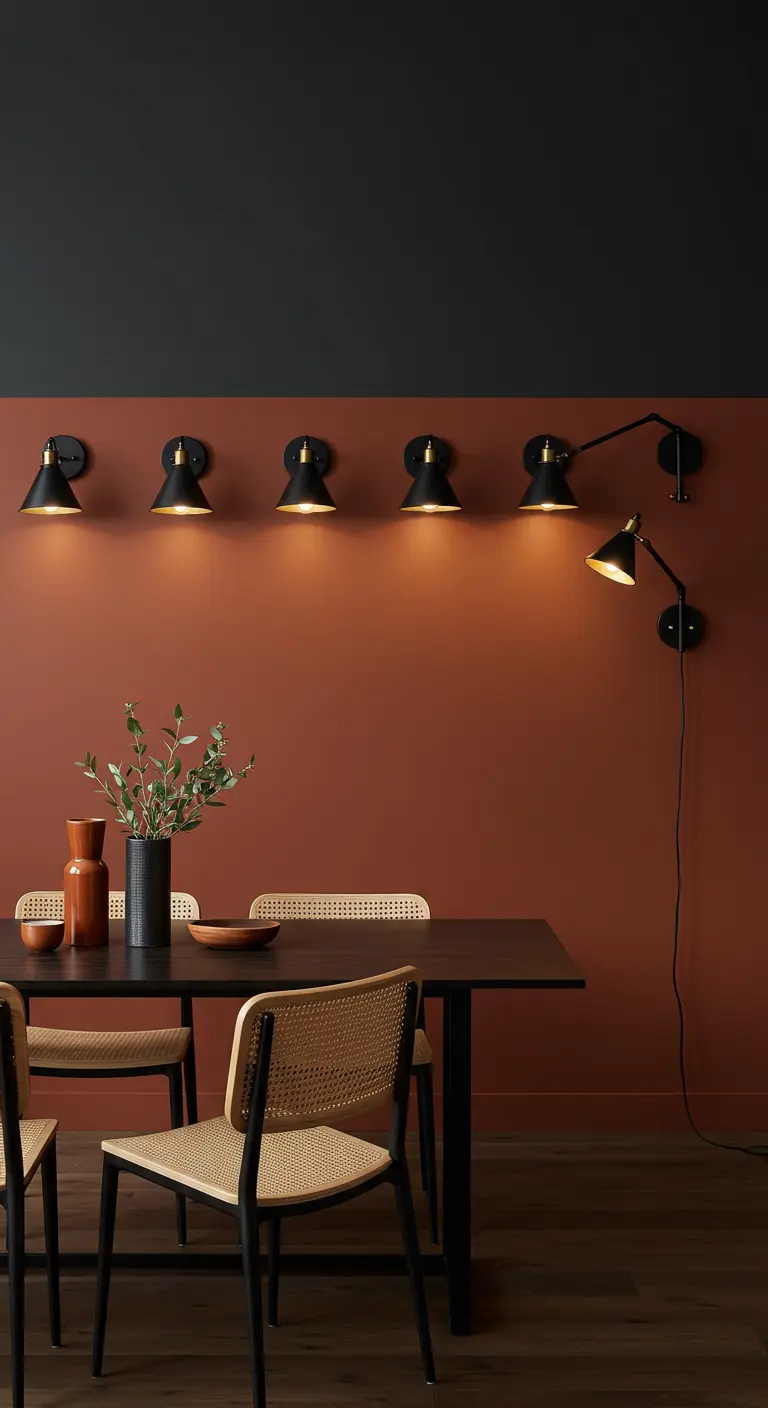 Moderne eetkamer met een tweekleurige muur in zwart en terracotta, met zwarte wandlampjes.