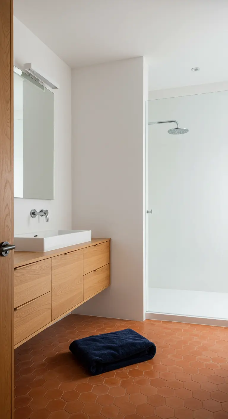 Moderne badkamer met zeshoekige terracotta vloertegels en een zwevend houten meubel.