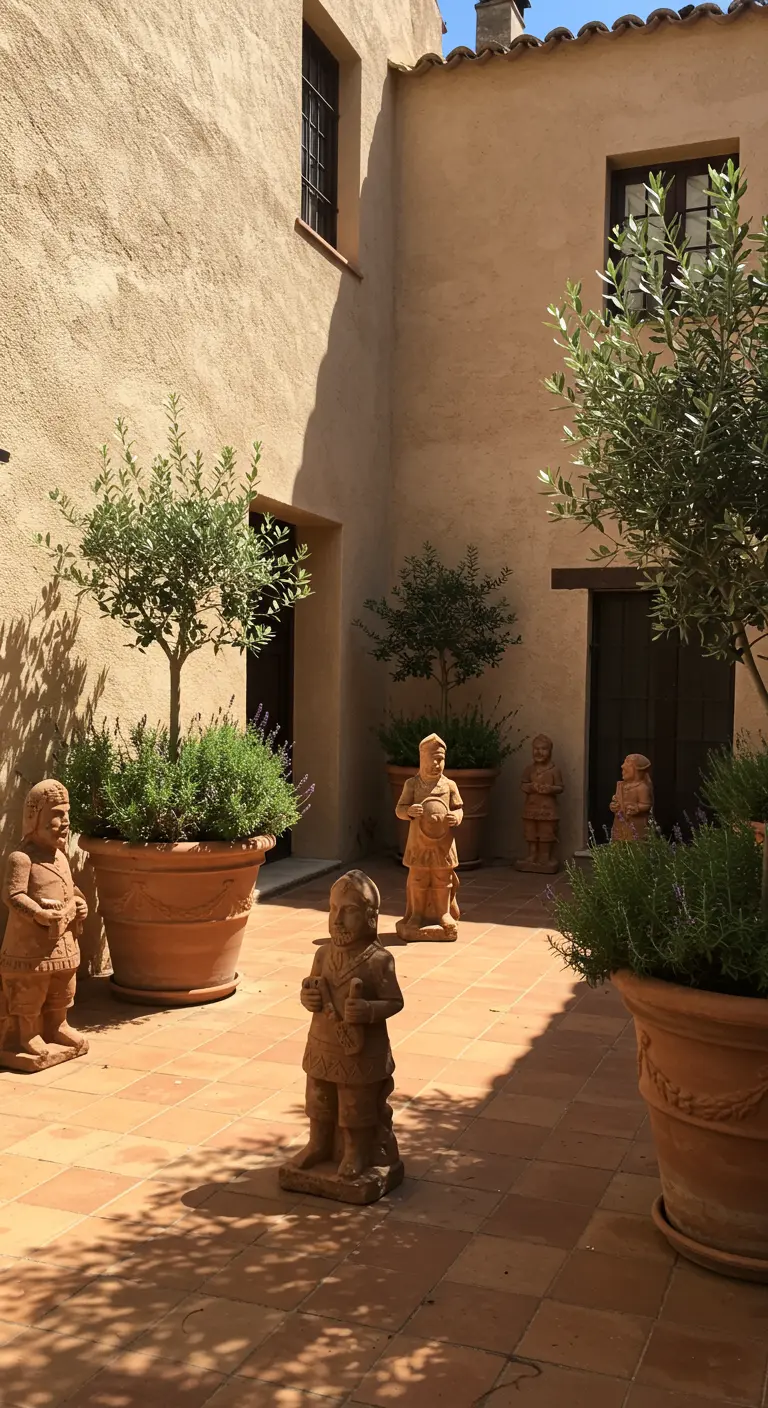Terracotta beelden op een zonovergoten binnenplaats met olijfbomen in potten.