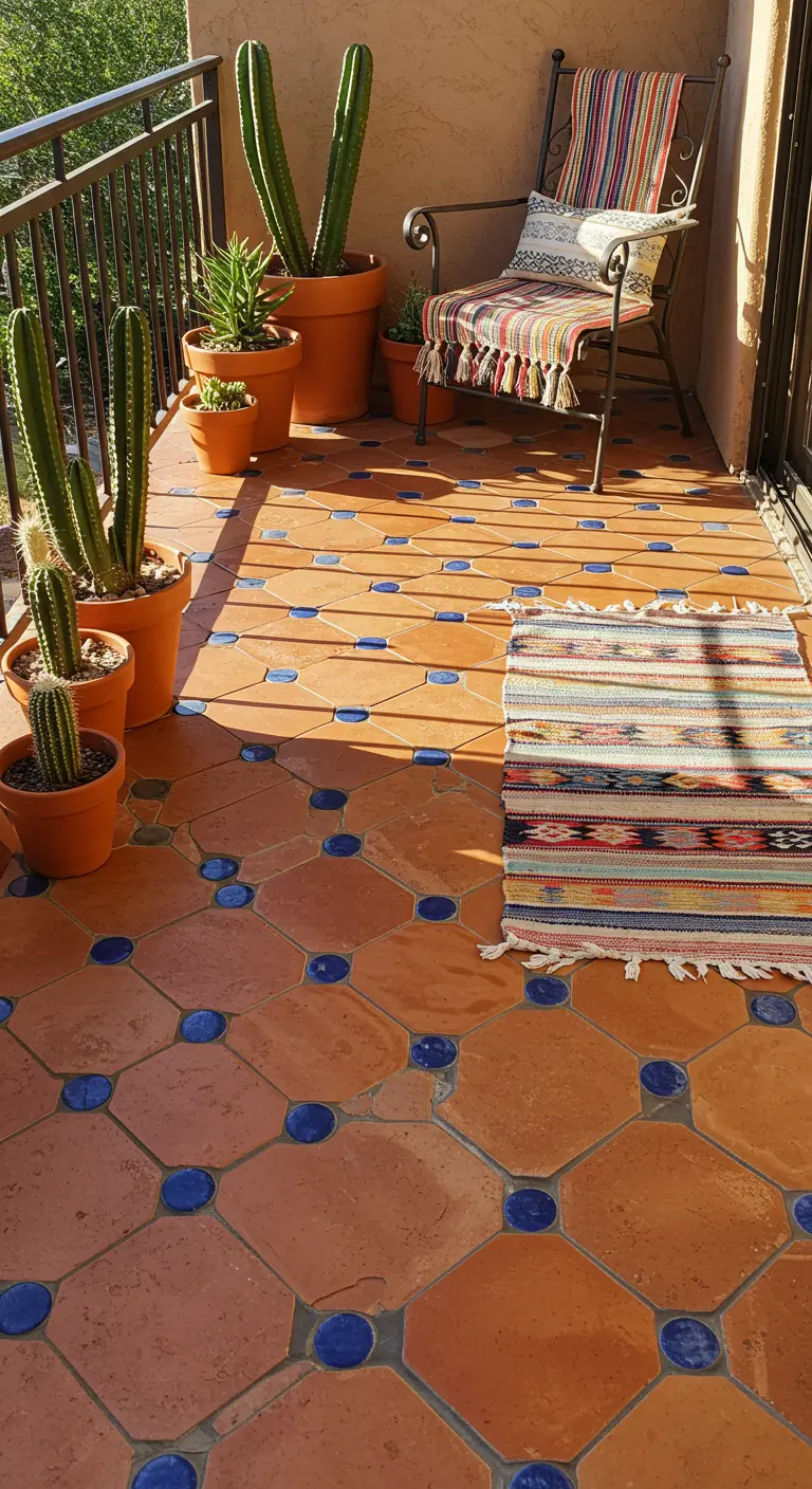 Zonnig balkon met terracotta tegels met kobaltblauwe accenten, cactussen en een kleurrijk kleed.