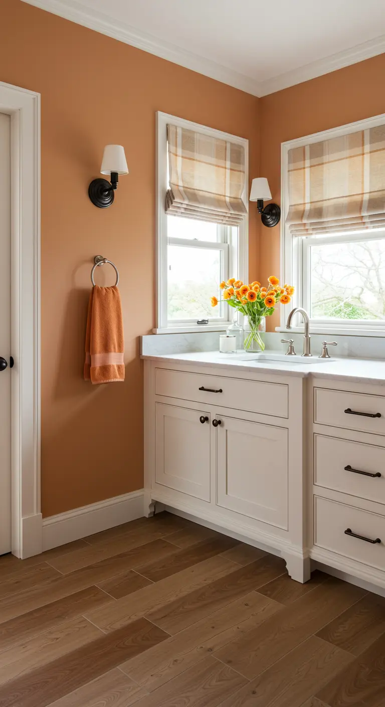 Badkamer met terracotta muren, witte kasten en geruite vouwgordijnen.