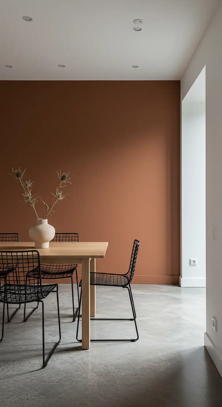 Minimalistische eethoek met terracotta muur, houten tafel en zwarte metalen stoelen.